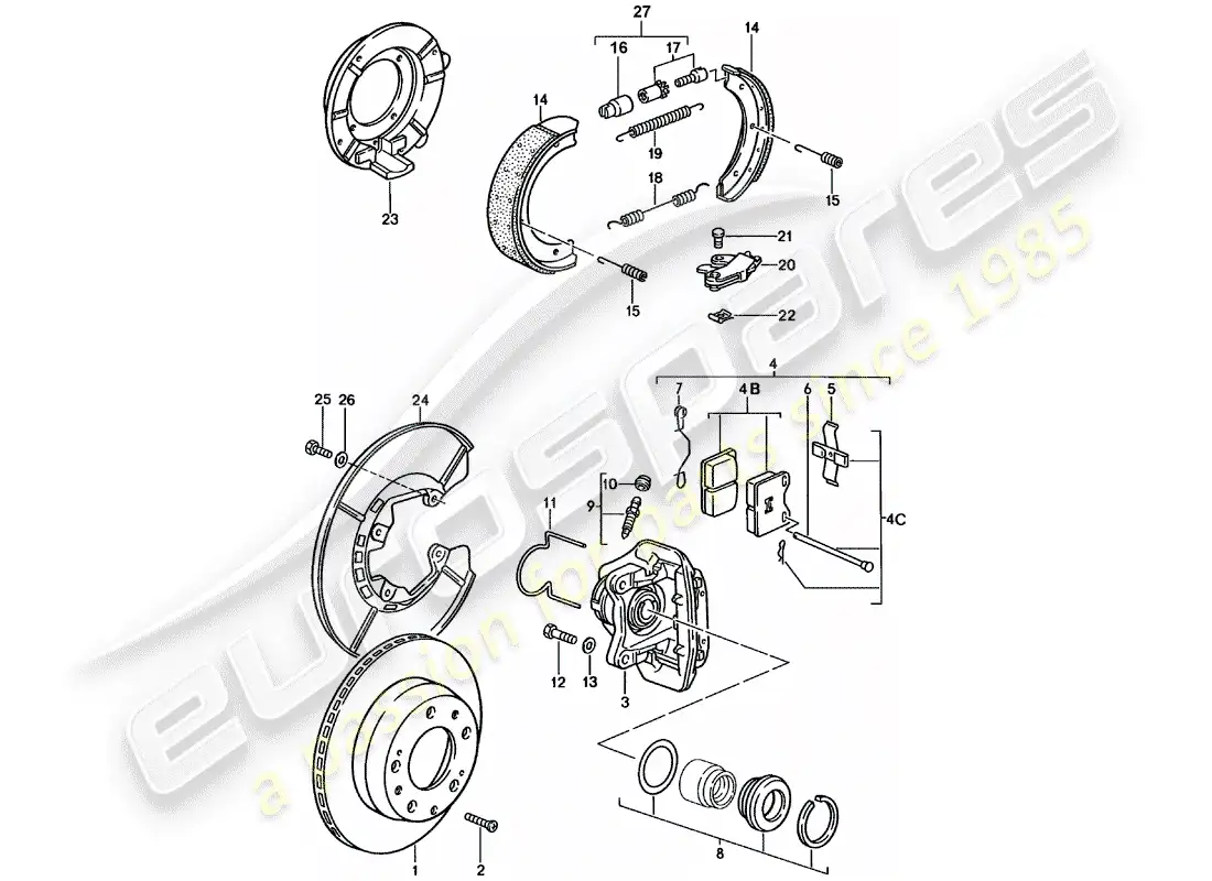 porsche 1985 (924) frenos de disco - eje trasero diagrama de piezas