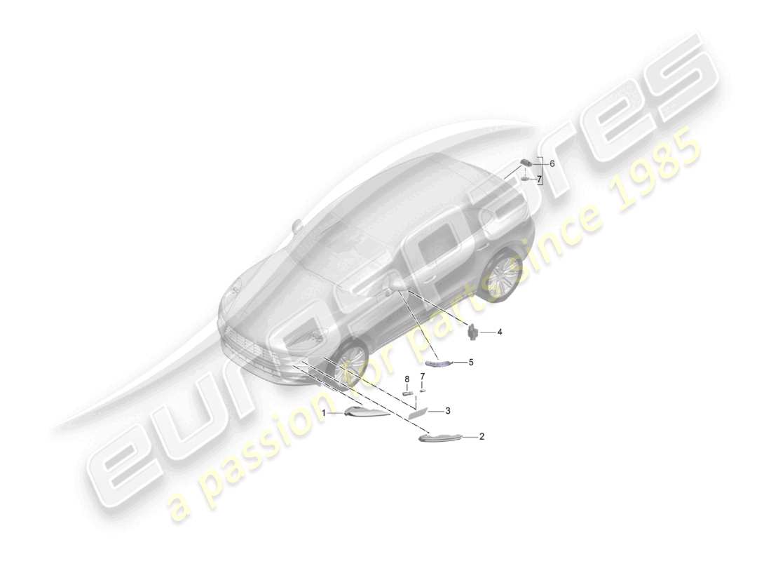 porsche 2021 (macan) repetidor de señal de giro luz de posición lateral diagrama de piezas de la luz de la matrícula