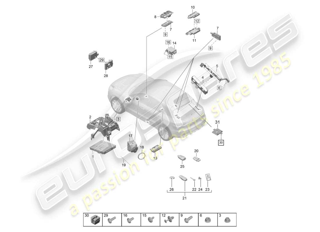 porsche 2021 (macan) unidades de control unidad de control (bcm) para sistema de conversión y fuente de alimentación ob para vehículos con kessy (autorización de acceso y arranque) antena para autorización de acceso y arranque (kessy) unidad de control para calefacción auxiliar transmisor portátil diagrama de piezas