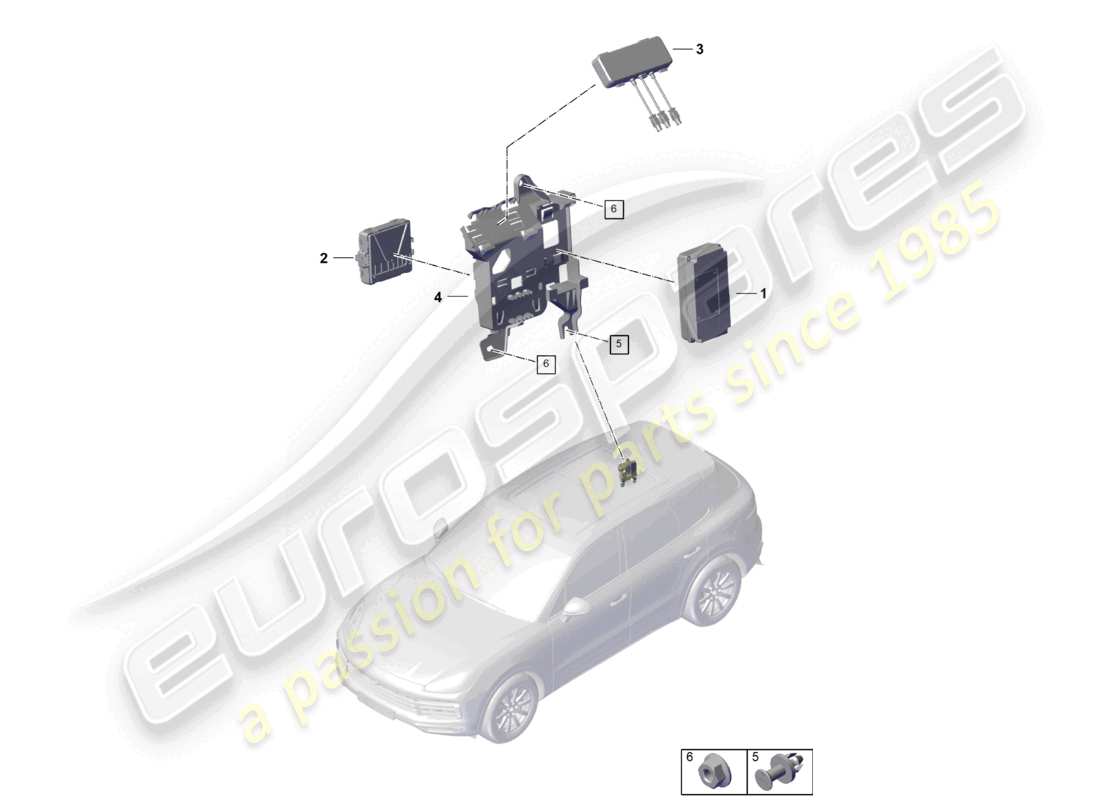 porsche 2023 (cayenne e3 pa) unidad de control para monitoreo en tiempo real (rtm) y diagrama de parte aérea