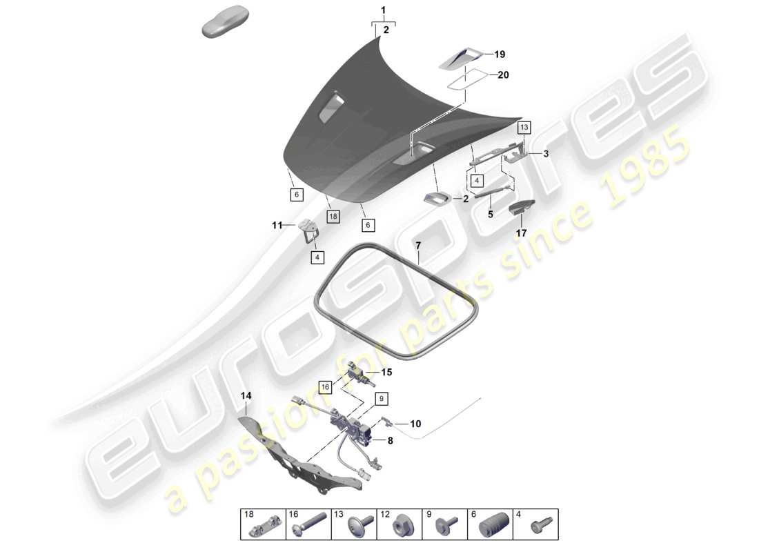 porsche 2021 (718 cayman gt4) diagrama de piezas de la cubierta frontal