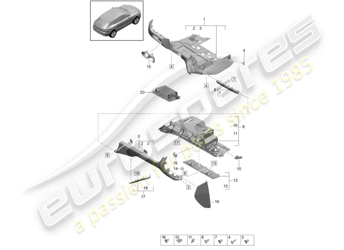 porsche 2021 (macan) diagrama de piezas de la guantera y el revestimiento (lado del conductor)