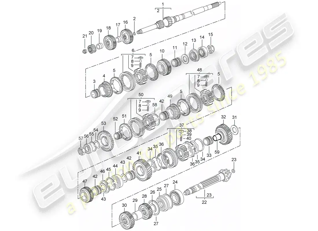 porsche 2005 (996 turbo / gt2) engranajes y ejes diagrama de piezas