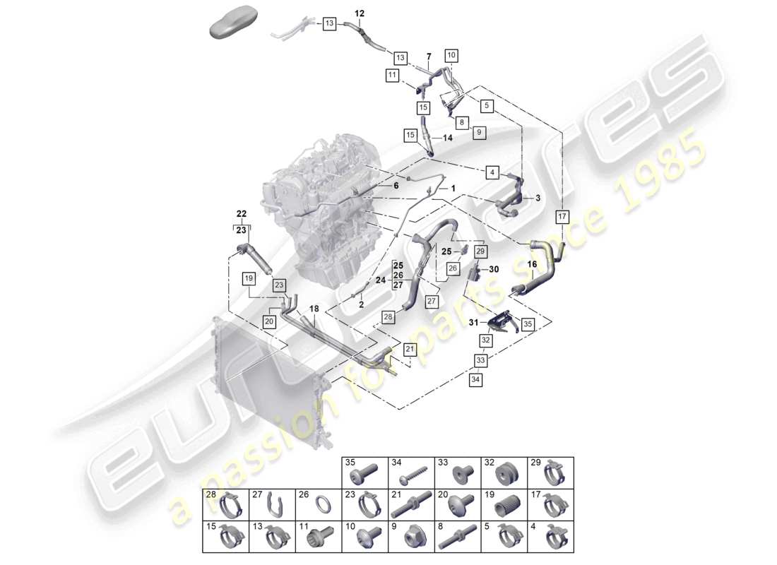 porsche 2025 (cayenne e3 pa) sistema de enfriamiento de refrigerante tanque de expansión de refrigerante diagrama de piezas de la tubería de refrigerante