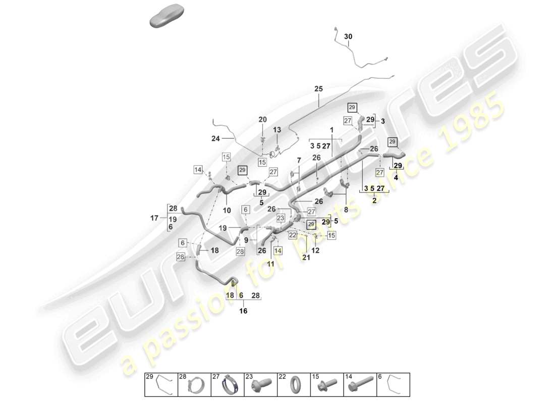 porsche 2026 (992-2 gt3) diagrama de piezas del extremo delantero del sistema de enfriamiento del refrigerante