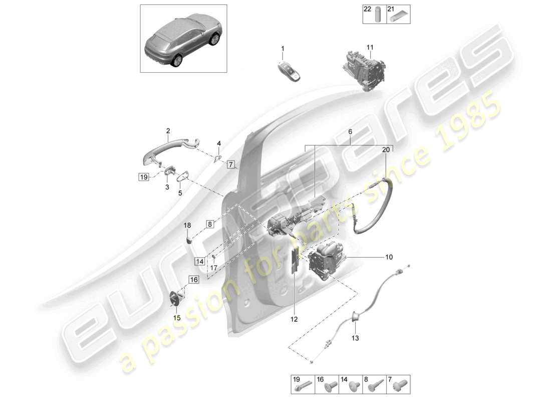 porsche 2021 (macan) manijas de puerta delantera cerradura de puerta diagrama de piezas