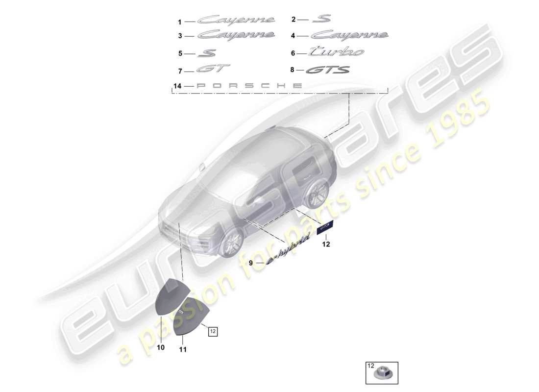 porsche 2023 (cayenne e3 pa) inscripciones/letras delanteras y traseras porsche cresta lateral exterior diagrama de piezas