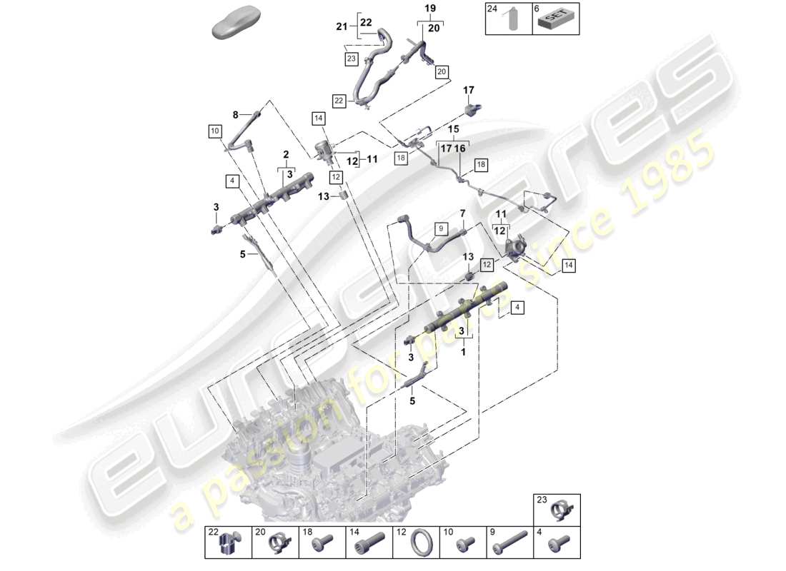 porsche 2025 (cayenne e3 pa) diagrama de piezas de la tubería de recolección de combustible, inyector de alta presión, bomba de alta presión, línea de combustible