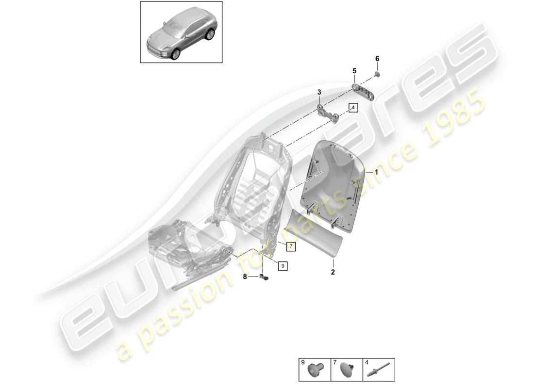 porsche 2021 (macan) carcasa del respaldo accesorios varios asiento estándar asiento confort asiento deportivo diagrama de piezas