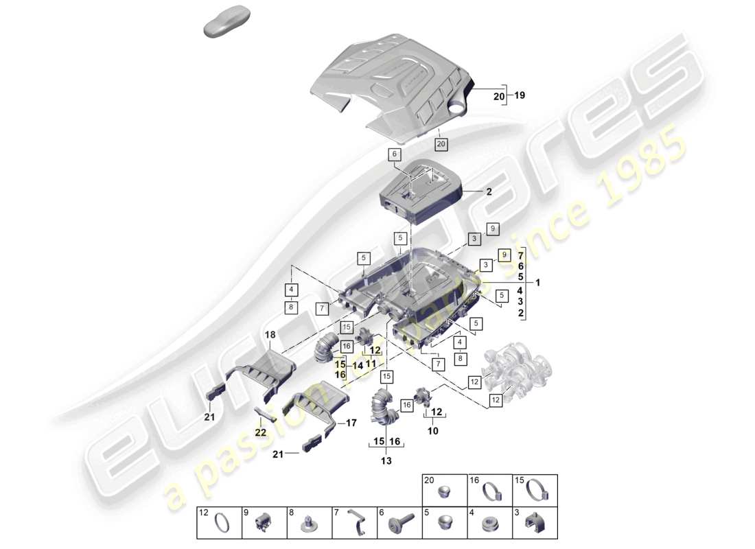 porsche 2025 (cayenne e3 pa) filtro de aire con piezas de conexión diagrama de piezas de la cubierta del motor