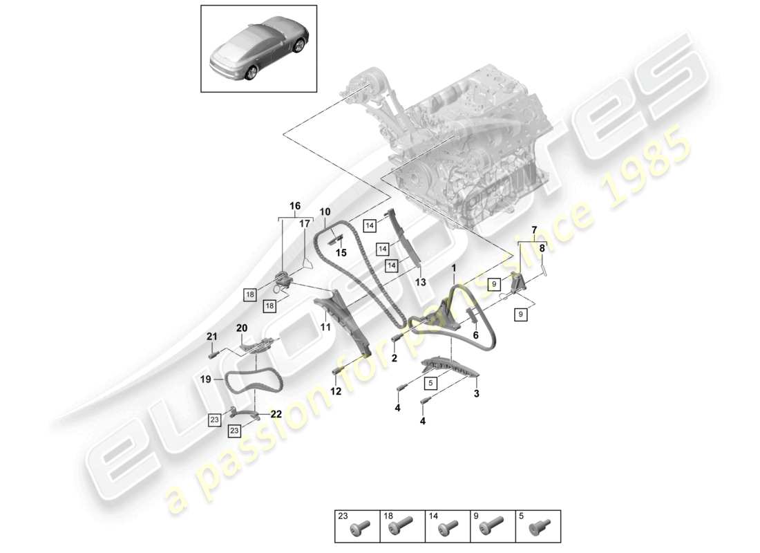 porsche 2021 (panamera 971-1) tensor de cadena del riel deslizante de la cadena de distribución diagrama de piezas