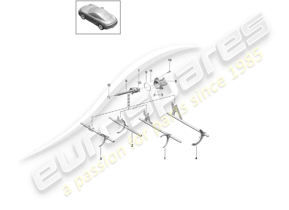 porsche 2024 (718 cayman) diagrama de piezas del eje selector del mecanismo selector de la caja de cambios manual