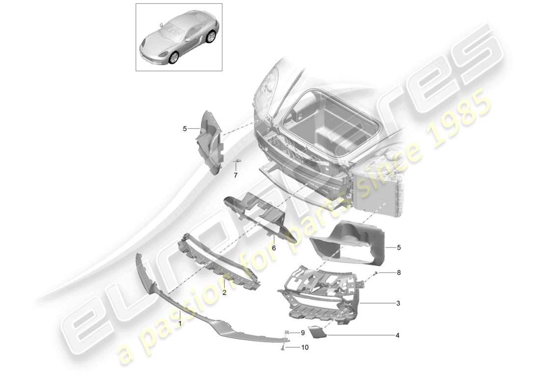 porsche 2025 (718 cayman) diagrama de piezas del parachoques delantero con guía de aire, paquete sport design y gts