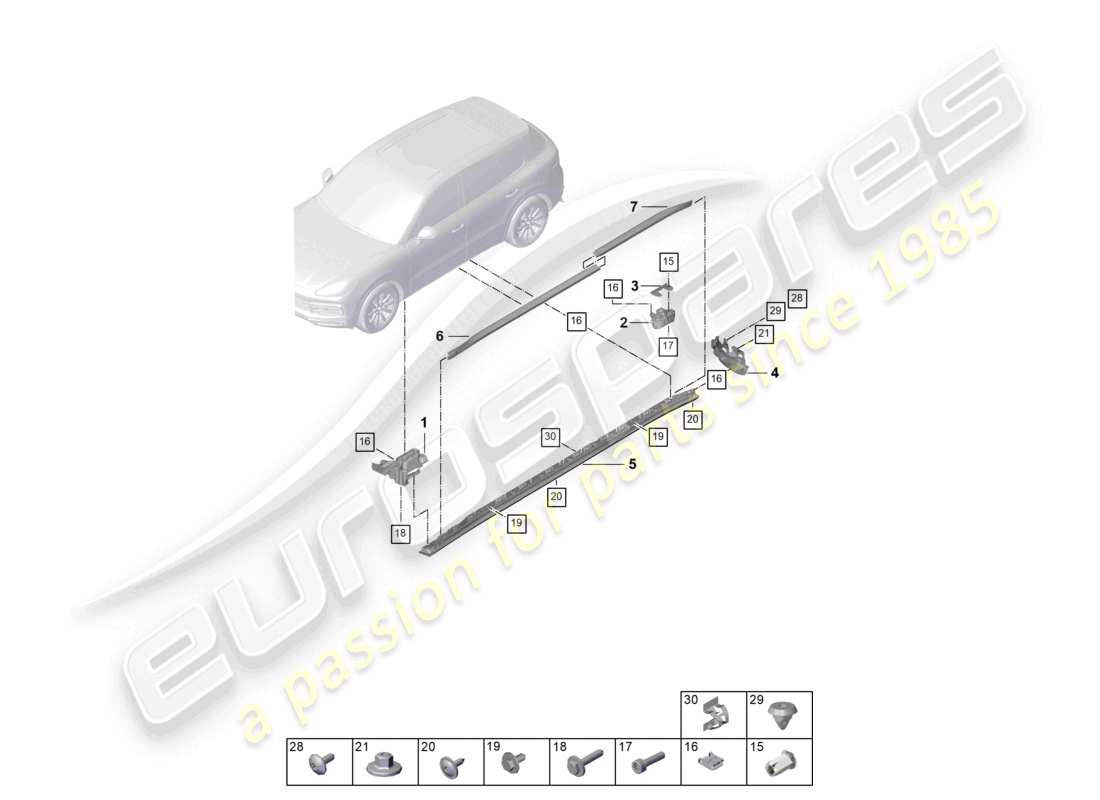porsche 2023 (cayenne e3 pa) diagrama de piezas de accesorios básicos de moldura de miembro lateral