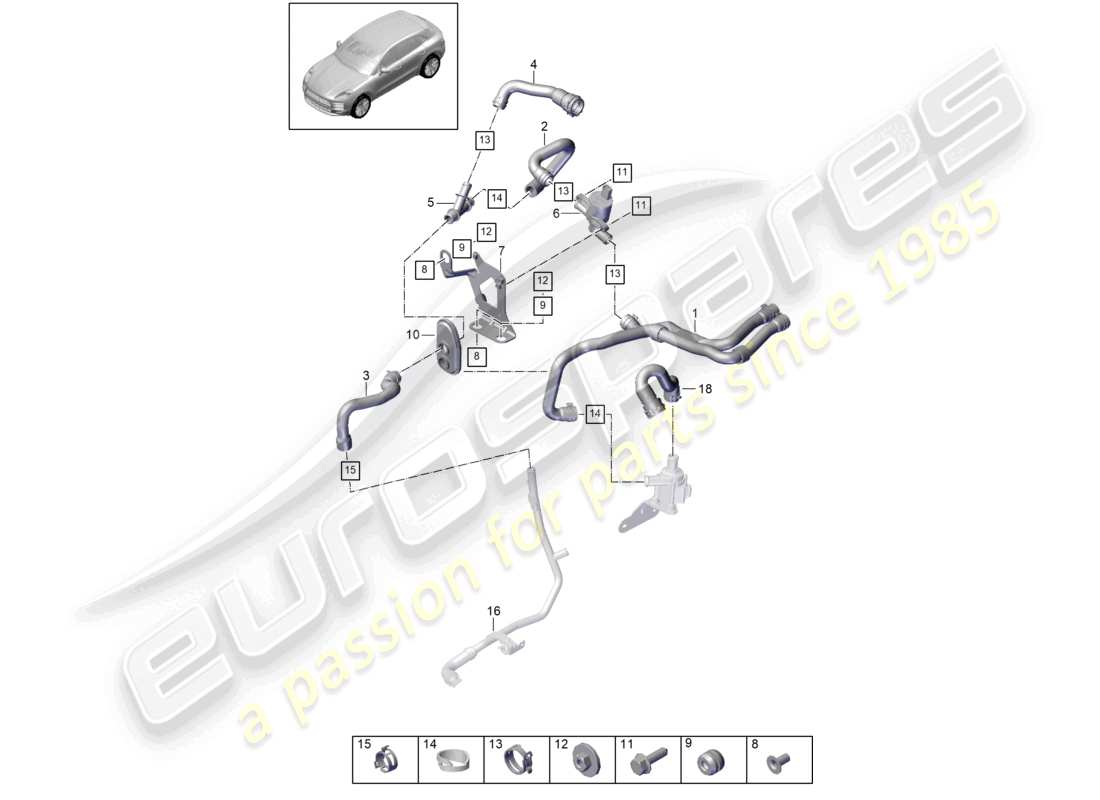 porsche 2021 (macan) calentador v6 turbo caja de agua lhd diagrama de piezas