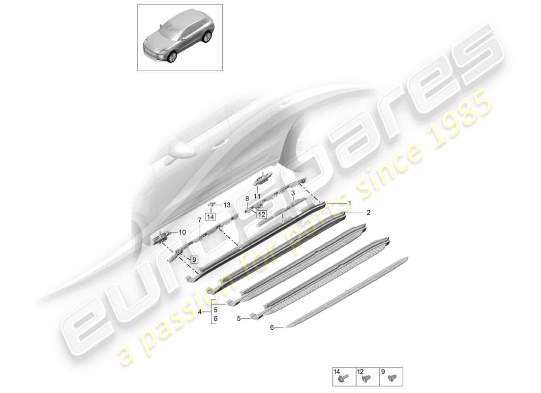 porsche 2021 (macan) molduras de largueros accesorios umbral diagrama de piezas