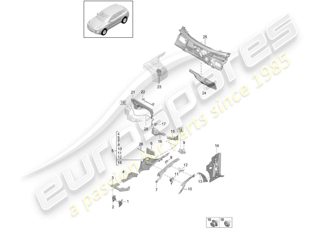 porsche 2021 (macan) montaje del puntal de suspensión delantera cortafuegos diagrama de piezas