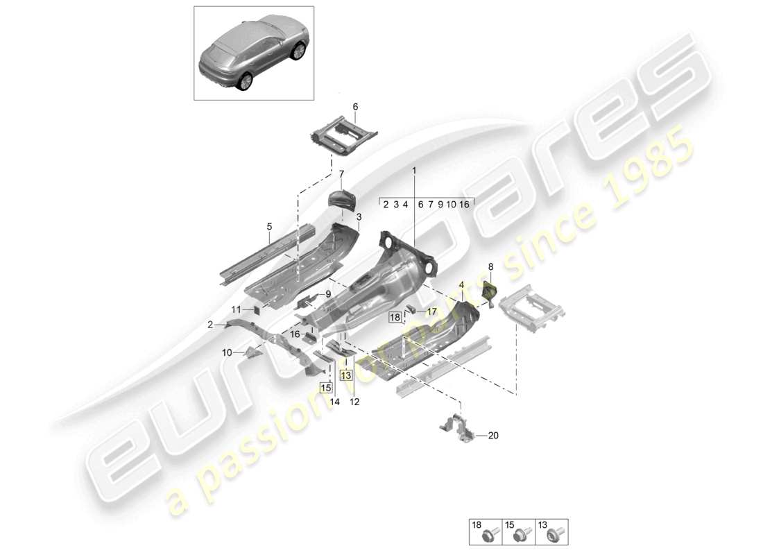 porsche 2021 (macan) placas de piso del túnel delantero diagrama de piezas