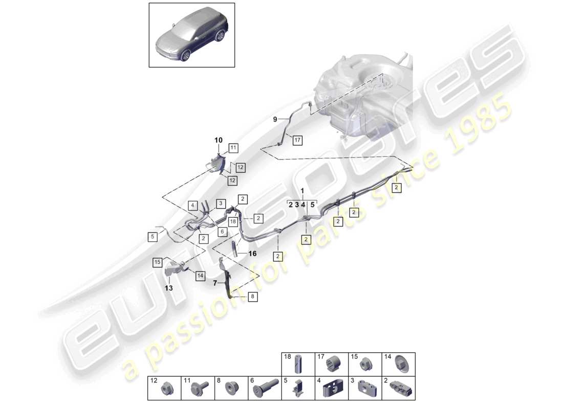 porsche 2021 (cayenne e3 9ya/9yb) diagrama de piezas de la parte inferior de la carrocería de la línea de combustible