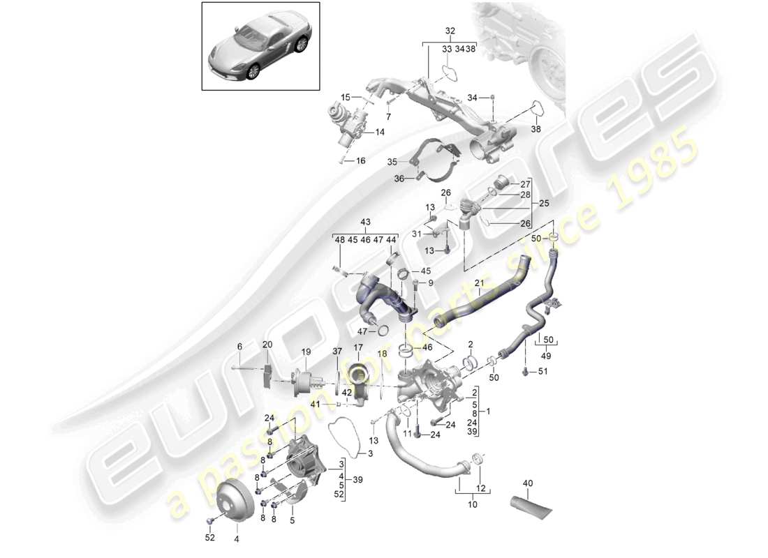 porsche 2023 (718 boxster) sistema de enfriamiento del refrigerante carcasa del termostato de la bomba de refrigerante diagrama de piezas del portador del conjunto