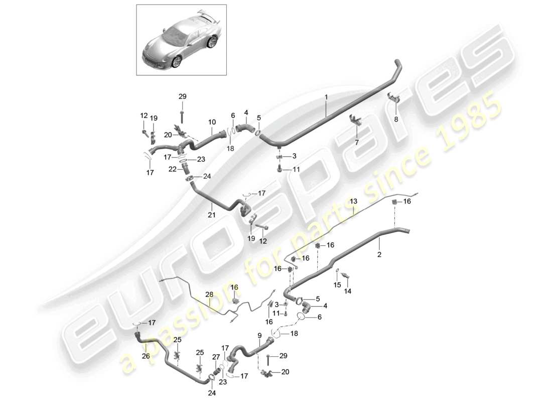 porsche 2021 (991-2 r/gt3/rs) diagrama de piezas del extremo delantero del sistema de enfriamiento del refrigerante