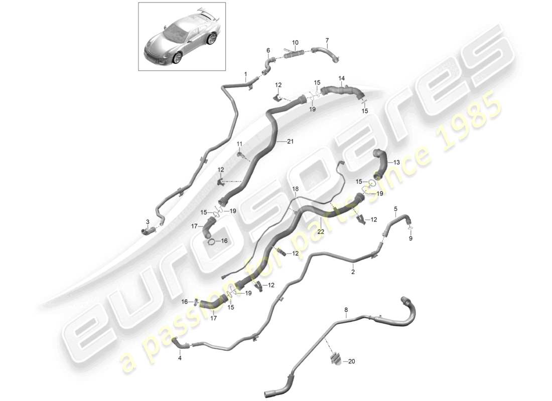 porsche 2021 (991-2 r/gt3/rs) sistema de enfriamiento del refrigerante calentador del extremo trasero línea de ventilación diagrama de piezas