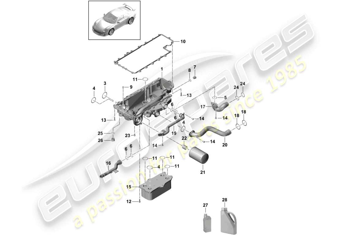 porsche 2021 (991-2 r/gt3/rs) diagrama de piezas del filtro de aceite de la consola del aceite del motor