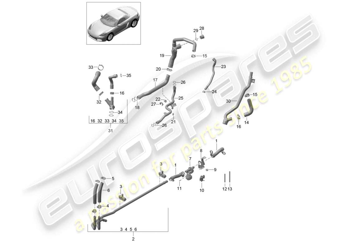 porsche 2022 (718 boxster) diagrama de piezas de la tubería de agua del sistema de enfriamiento del refrigerante