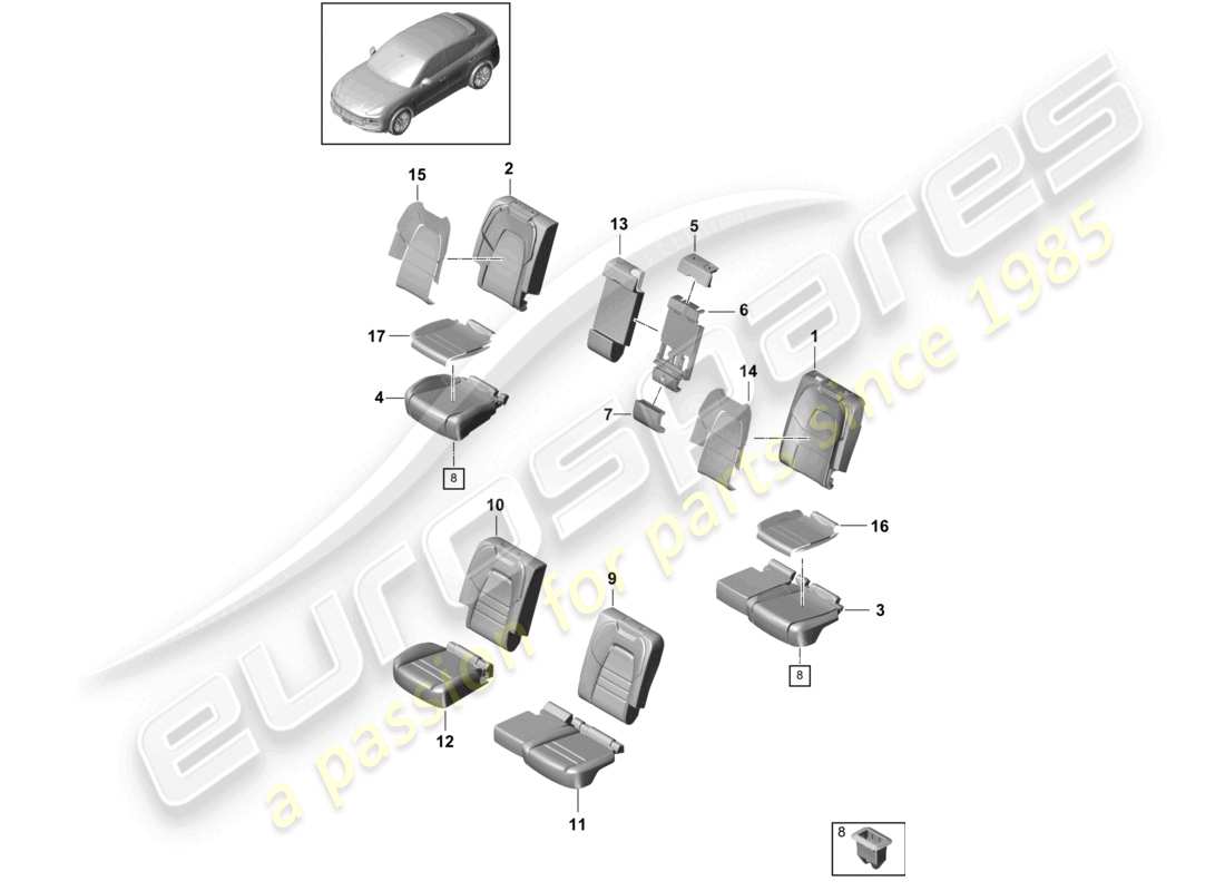 porsche 2021 (cayenne e3 9ya/9yb) asiento trasero asiento cómodo pieza de espuma funda de asiento diagrama de piezas