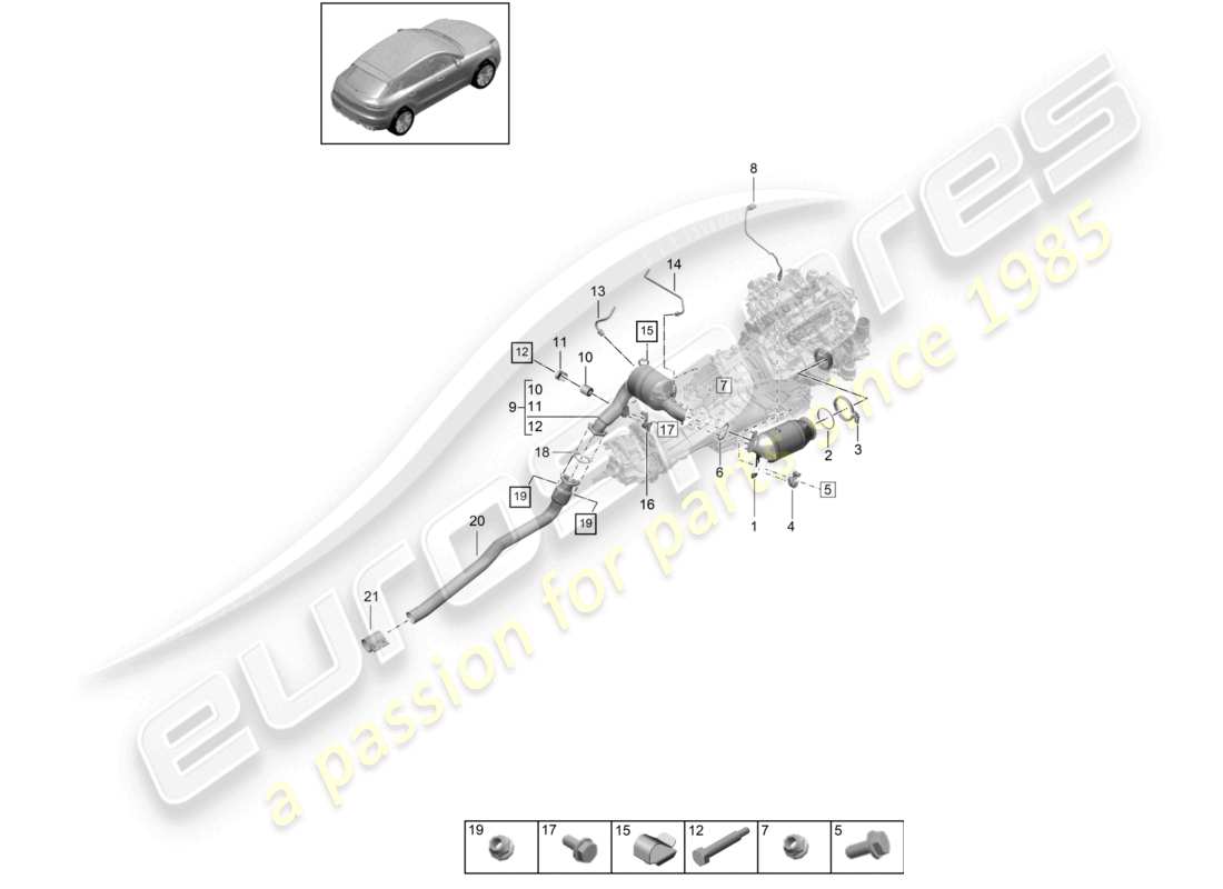 porsche 2021 (macan) convertidor catalítico filtro de partículas de gasolina sonda lambda diagrama de piezas