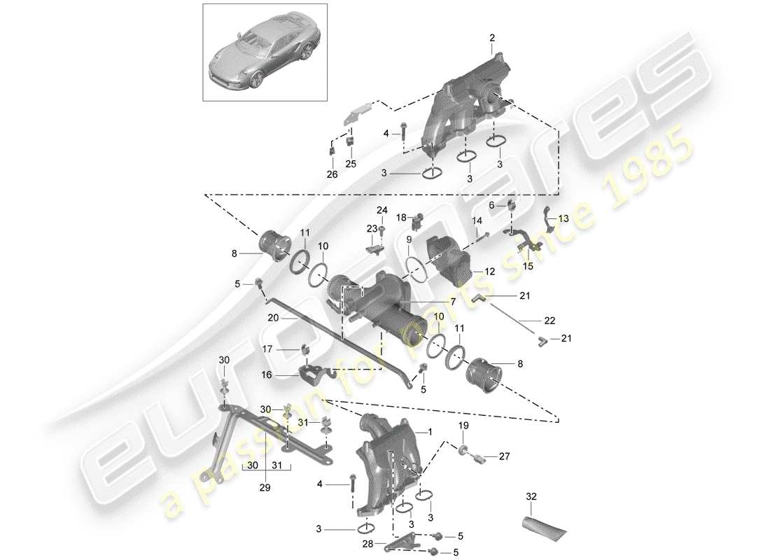 porsche 991 turbo (2018) diagrama de piezas del distribuidor de aire de admisión