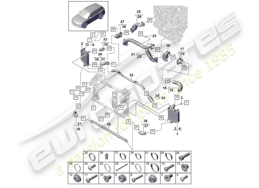 porsche 2023 (cayenne e3 9ya/9yb) diagrama de piezas del adaptador de la válvula de mariposa del tubo de presión del enfriador de aire de carga