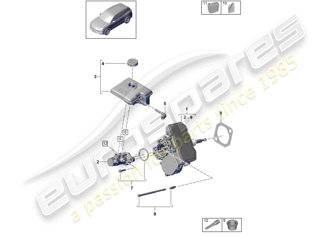 porsche 2022 (cayenne e3 9ya/9yb) cilindro maestro de freno tándem híbrido con depósito de líquido de freno diagrama de piezas del servofreno
