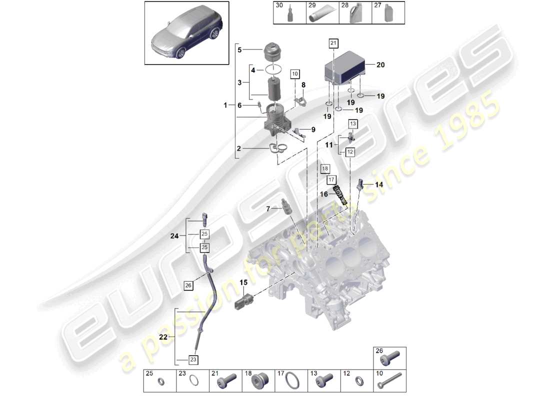 porsche 2023 (cayenne e3 9ya/9yb) diagrama de piezas del enfriador de aceite de la consola del filtro de aceite