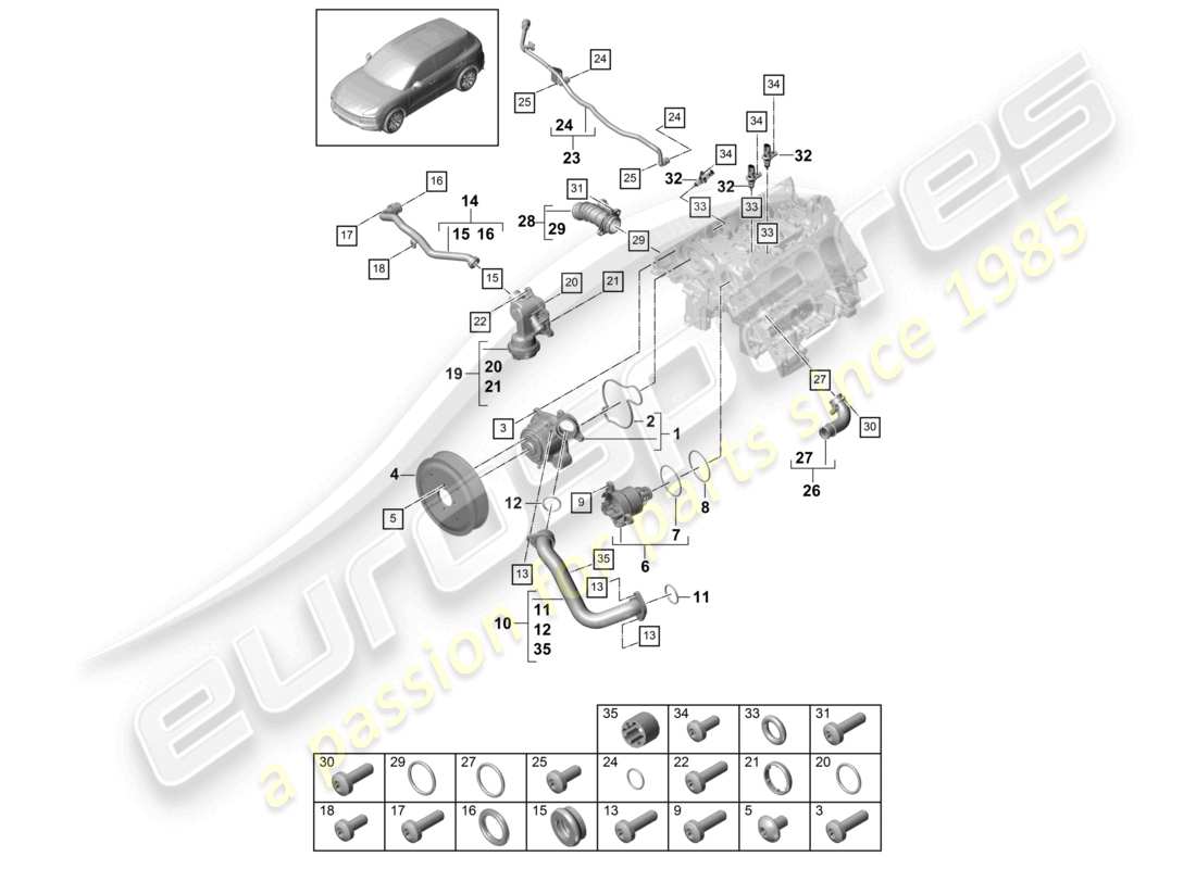 porsche 2022 (cayenne e3 9ya/9yb) carcasa del termostato de la bomba de refrigerante tubería de refrigerante línea de ventilación diagrama de piezas