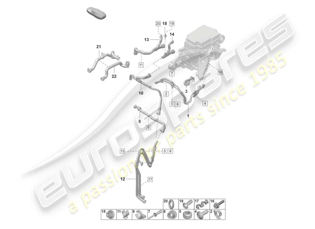 porsche 2021 (taycan 9j1-1) diagrama de piezas del eje delantero del sistema de refrigeración de la transmisión