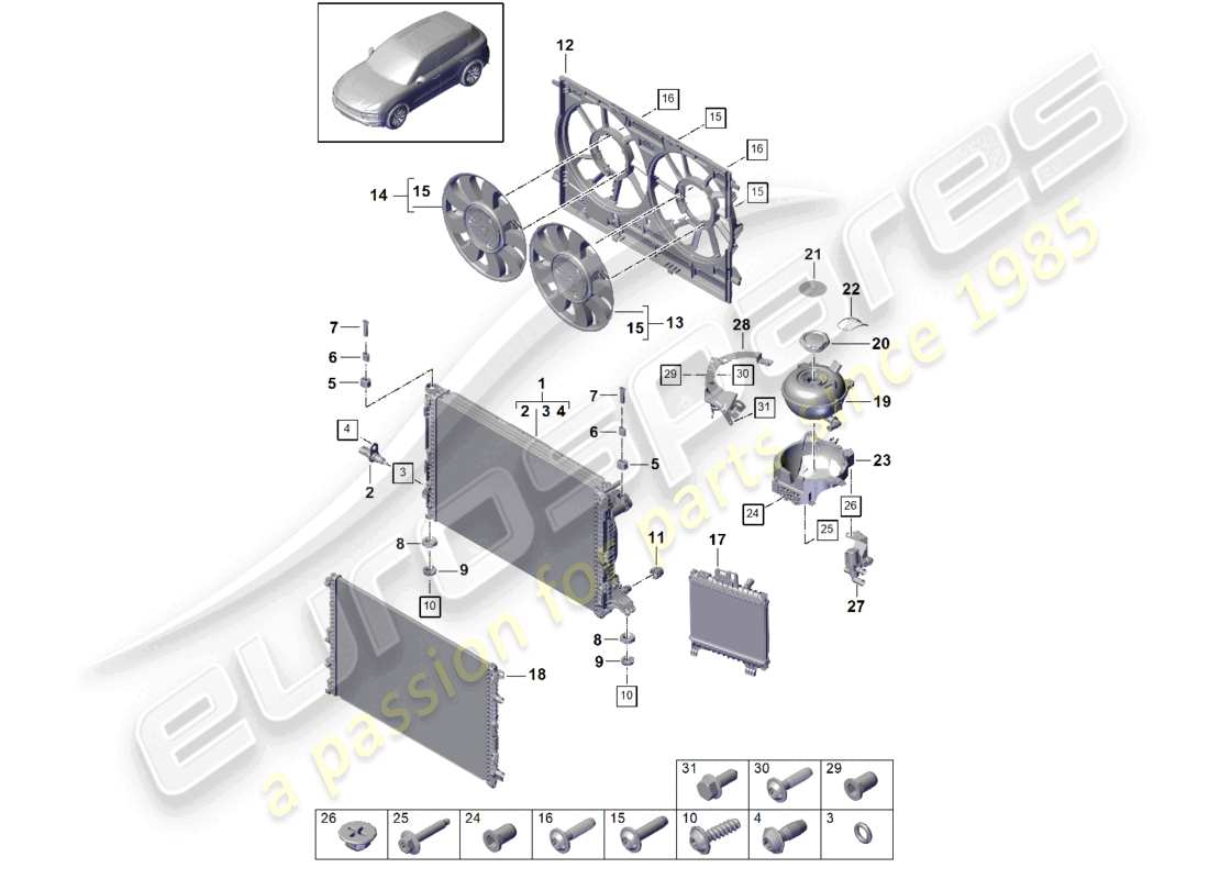 porsche 2023 (cayenne e3 9ya/9yb) sistema de enfriamiento de refrigerante enfriador de refrigerante enfriador adicional de refrigerante tanque de expansión adicional diagrama de piezas