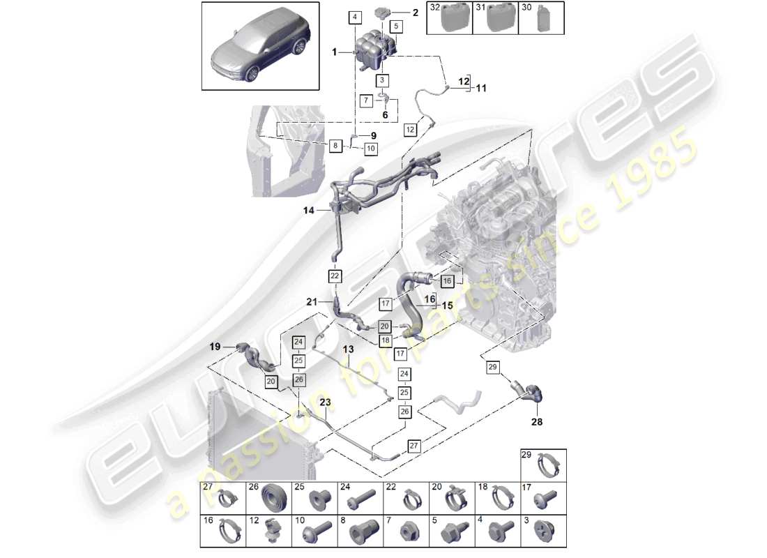porsche 2023 (cayenne e3 9ya/9yb) sistema de enfriamiento de refrigerante tanque de expansión de refrigerante diagrama de piezas de la tubería de refrigerante