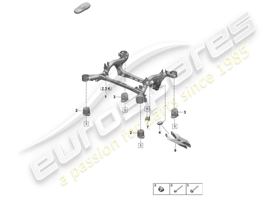 porsche 2026 (macan-e) diagrama de piezas del eje trasero del bastidor auxiliar de suspensión