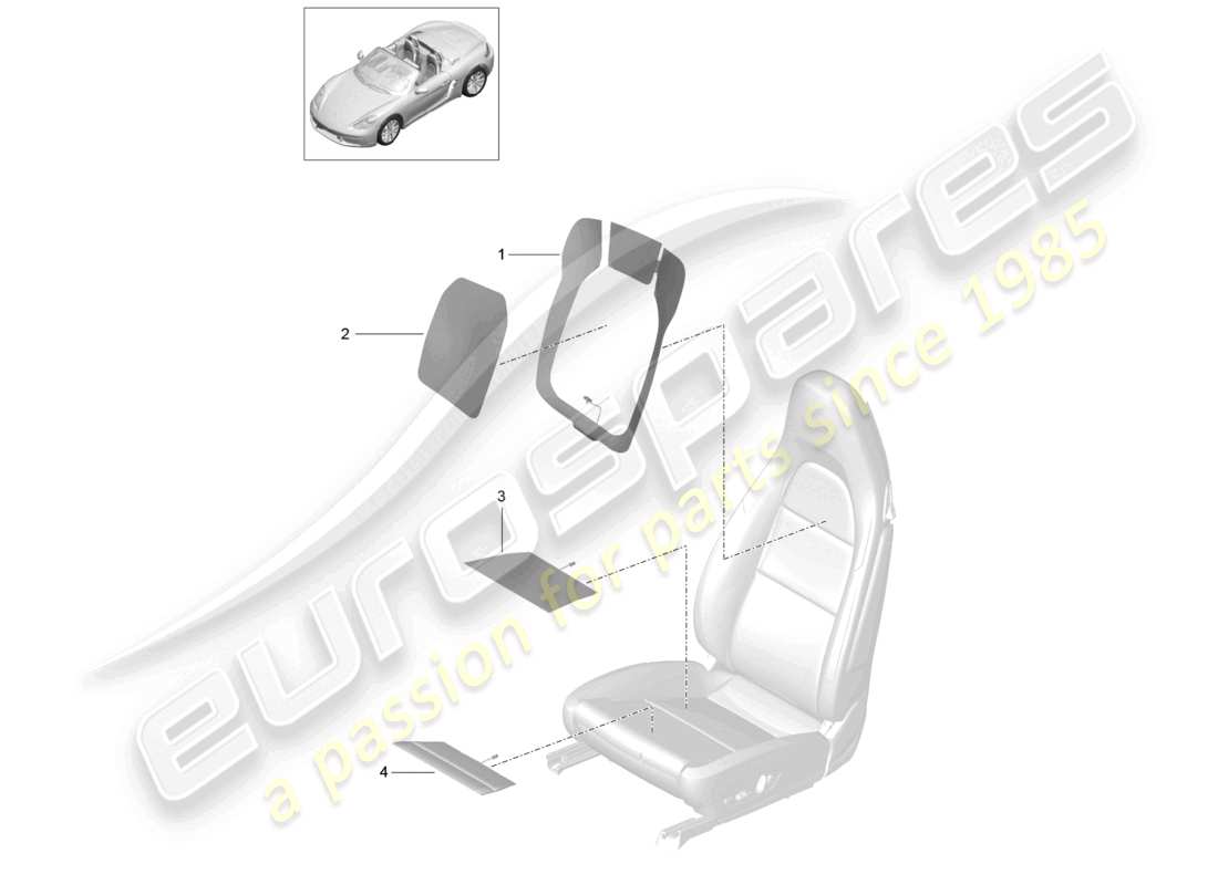 porsche 2025 (718 boxster) elemento calefactor del respaldo. elemento calefactor del respaldo. diagrama de piezas del elemento calefactor del asiento y del lateral del asiento.