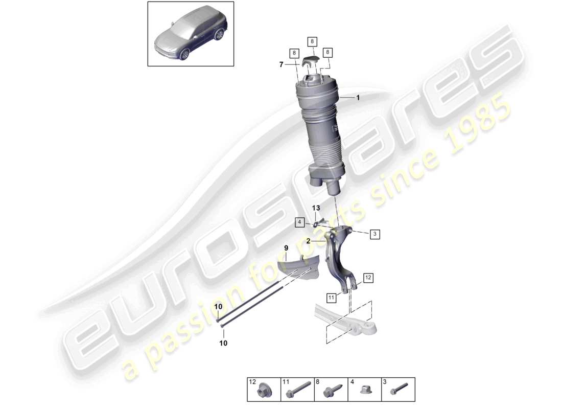 porsche 2023 (cayenne e3 9ya/9yb) diagrama de piezas completo del puntal de suspensión neumática