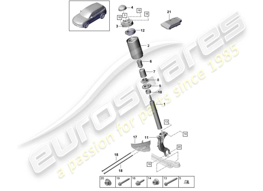 porsche 2023 (cayenne e3 9ya/9yb) suspensión puntal de suspensión, diagrama de piezas completo