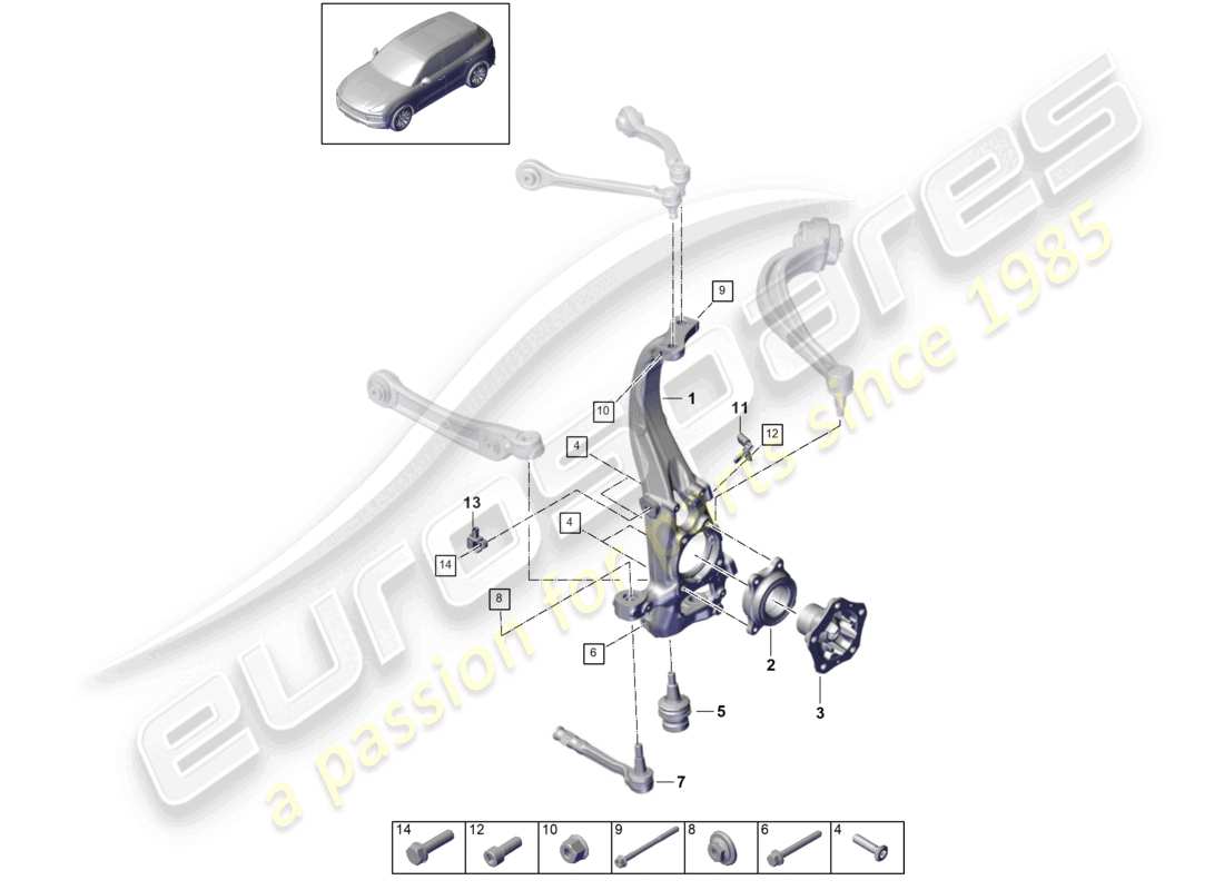 porsche 2023 (cayenne e3 9ya/9yb) portaruedas montaje giratorio cubo de rueda eje delantero diagrama de piezas
