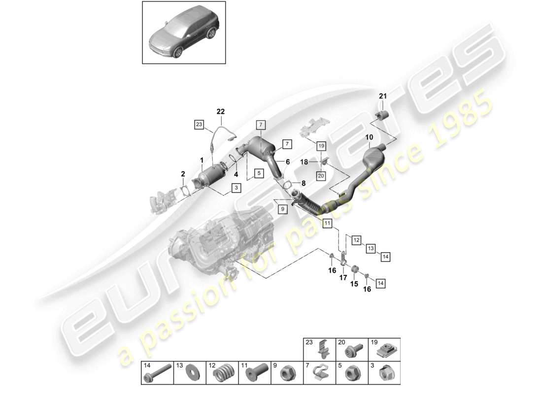 porsche 2024 (cayenne e3 9ya/9yb) sistema de escape convertidor catalítico con filtro de partículas de gasolina tubo de escape con silenciador delantero sonda lambda diagrama de piezas