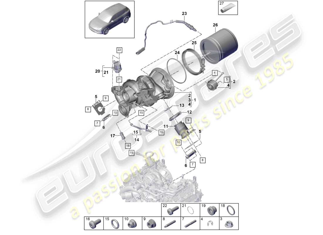 porsche 2024 (cayenne e3 9ya/9yb) turbocompresor de gases de escape colectores de escape sonda lambda diagrama de piezas