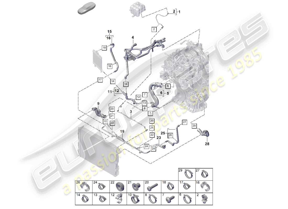 porsche 2024 (cayenne e3 pa) sistema de enfriamiento de refrigerante tanque de expansión de refrigerante diagrama de piezas de la tubería de refrigerante
