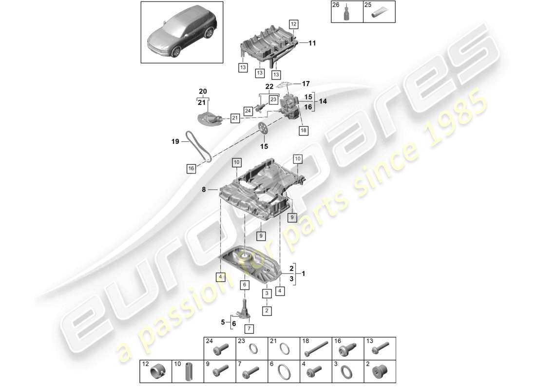 porsche 2022 (cayenne e3 9ya/9yb) diagrama de piezas del cárter de aceite de la bomba de aceite de la carcasa conductora de aceite