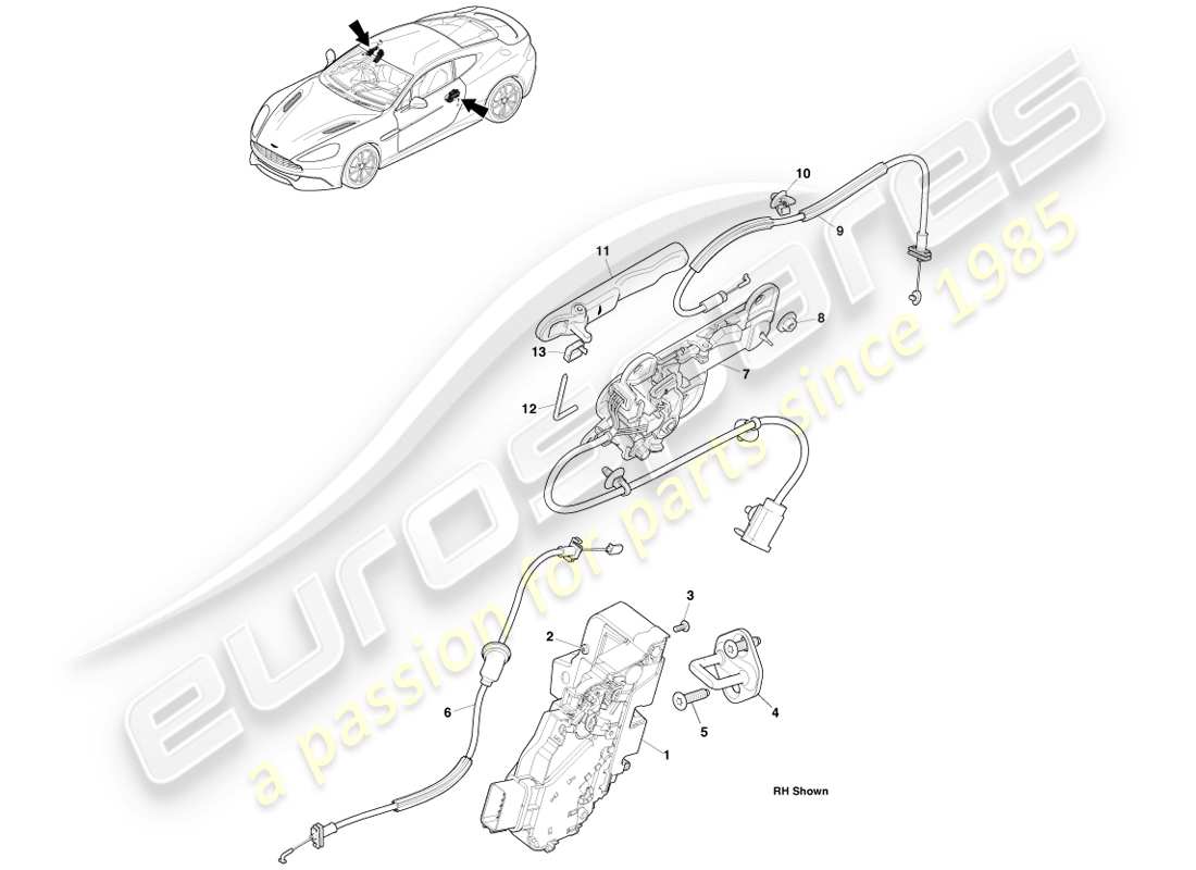 aston martin vanquish (2014) diagrama de piezas de accionamiento y manijas exteriores
