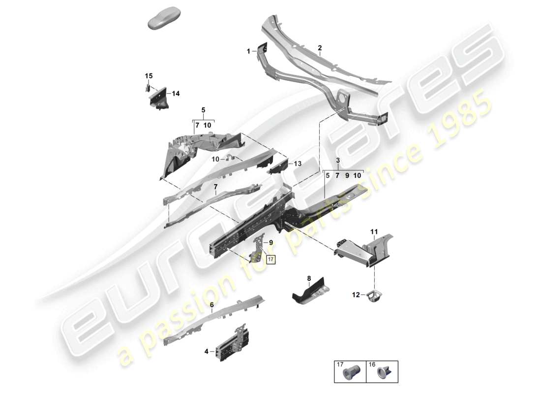 porsche 2025 (panamera 976) parte delantera miembro lateral piezas individuales diagrama de piezas