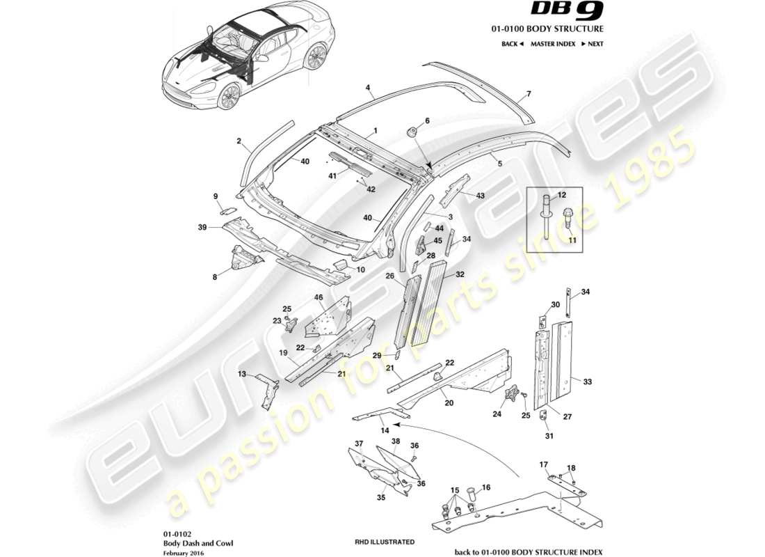 aston martin db9 (2015) carrocería, tablero y capó, diagrama de piezas del cupé